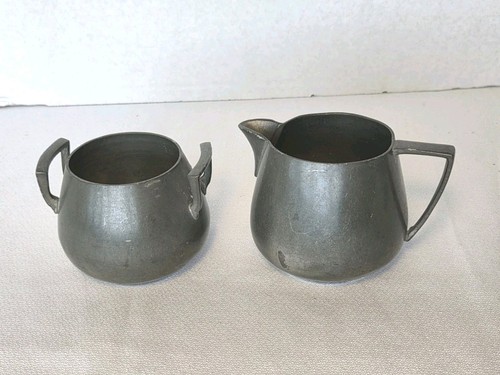 Vintage WHITE Handmade Pewter Creamer Sugar Bowl Set Pattern 666 Mid Century