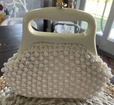 Vintage MCM Italian Crocheted Raffia/Beaded Lucite Handle Ivory Handbag