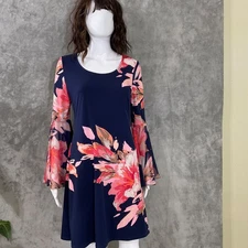 MSK Shift Dress women’s M blue pink Floral Knee Length Bell Sleeves Boho USA