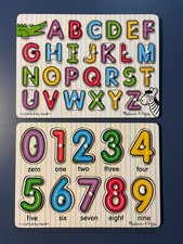 Melissa  Doug Fresh Start Wood Peg Puzzles Numbers Letters ABC Alphabet Lot