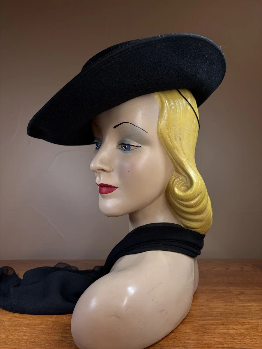 PEGGY EARLES ORIGINAL.Elegant Black Veiled Wide-Brim Women\'s Hat. Size M Original 1940s Vintage Hats for Women for sale | eBay main image 3