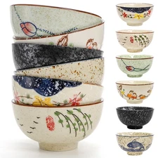 6 Pack Retro Ceramic Bowls, 4.5 Inch Japanese Chinese Bowl, Small Hand-painte...