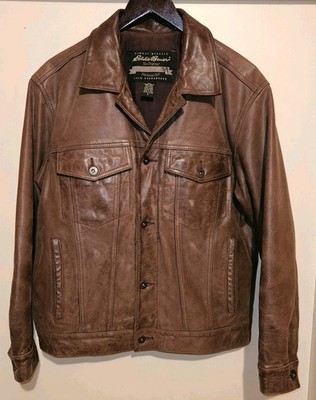 Eddie Bauer Genuine Leather Jacket Brown Lined Trucker 90s Vintage Men's Small