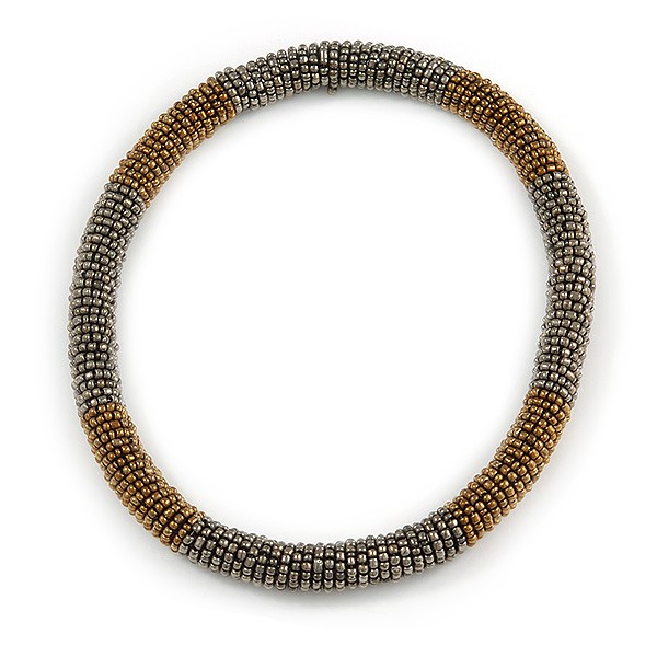 Statement Chunky Grey/ Bronze Beaded Stretch Choker Necklace - 44cm L