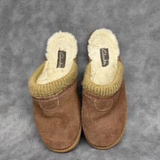 Clarks Womens Suede Leather Knitted Collar Mule Slippers Faux Fur Slip On Size 9