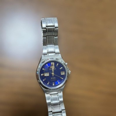 Orient 3-Star Automatic Watch Blue Dial Day-Date Stainless Steel Used