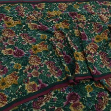 Indian Vintage Sari Green Pure Crepe Silk Printed Sarees 5yd Sewing Floral Soft
