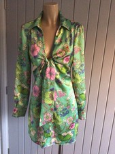 Zara Ladies Green Floral Satin Min Dress S UK 10 V Neck Front Tie Long Slv 32” L