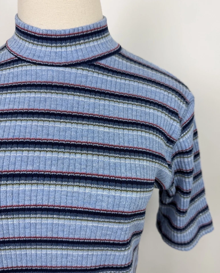 Vintage 90s Mock Neck Top Womens Medium Ribbed Knit Pastel Blue Metallic Stripe - Image 3 of 4