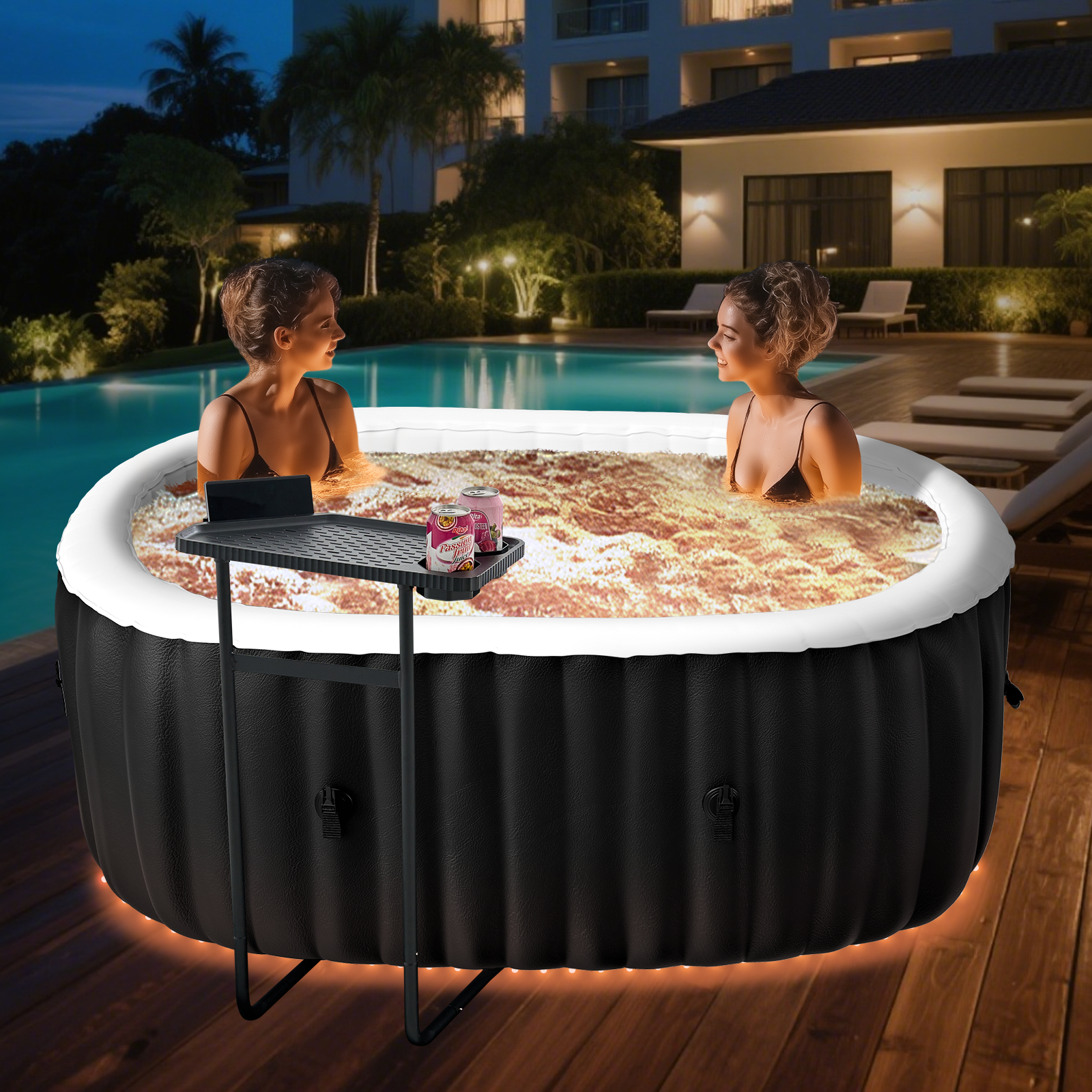 Oblong Inflatable H&ZT Inflatable Hot Tub with 8 Color LED Light 2 Person Oval Blow up ...