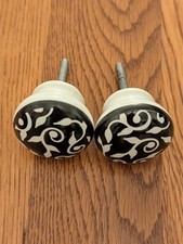 Black and White Patterned Ceramic Cabinet Drawer Knobs Set of 2