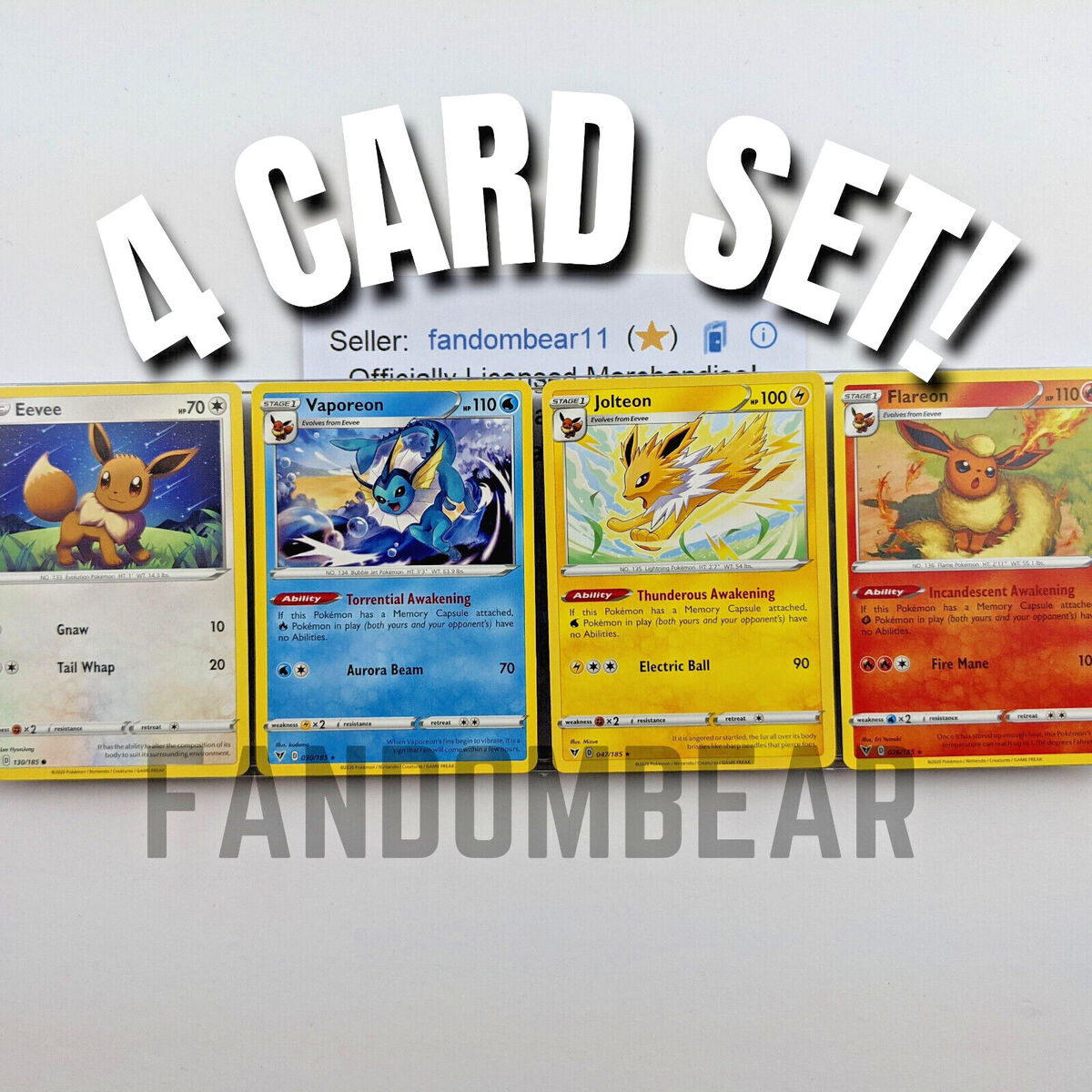 Jolteon Flareon Vaporeon Eevee - Vivid Voltage - Evoltuion Pokemon Card Lot  - Rare 4 Card Set - 047/185-026/185-030/185