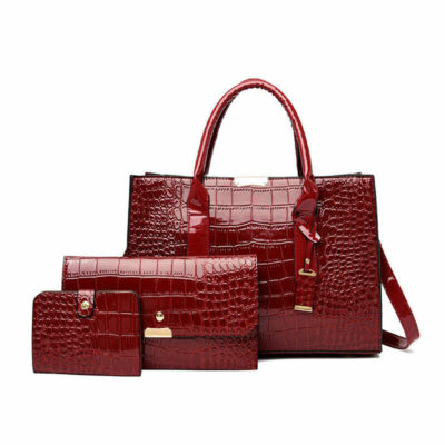 Women Large Wine Red/Bergund 3 pcs crocodile set handbags shoulderbag crossbody