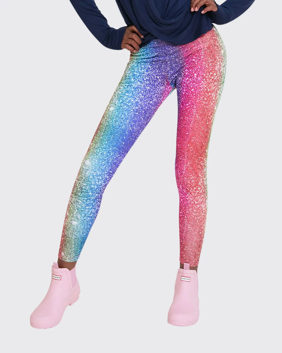 Terez White Glitter Leggings Terez Girls Rainbow Glitter-Print