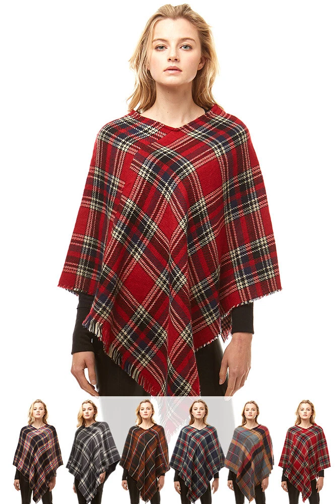 Anthropologie Style Women's Plaid Check Soft Brush Cape Shawl Reversible Poncho