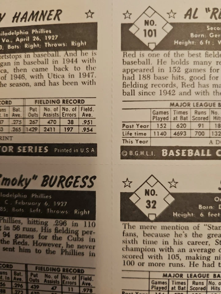 SERIE COLECCIÓN BÉISBOL B.G.H.L.I DOVER REIMPRESIÓN HOJA DE TARJETA DE BÉISBOL SIN CORTAR Foto 3 de 3