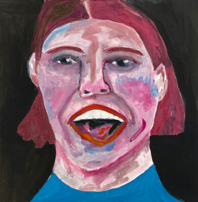 Original Portrait Painting 8x8 Expressive Happy Laughing Woman Naive Art