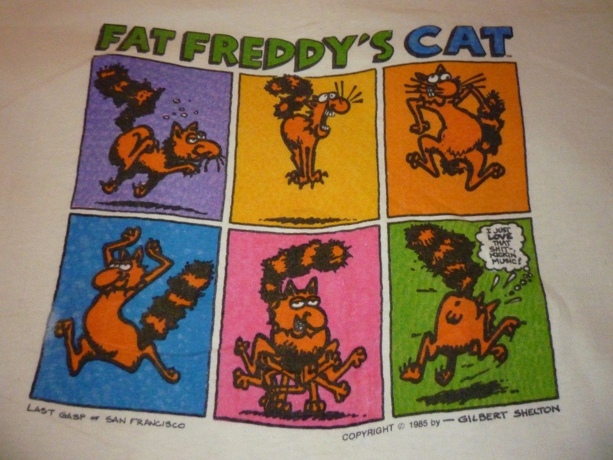 【70sビンテージ】Fat Cat カーテン2枚組 レア生地 USAファブリック Freak Brothers / Fat Freddy's Cat Vintage Shirt ( Used Size XXL