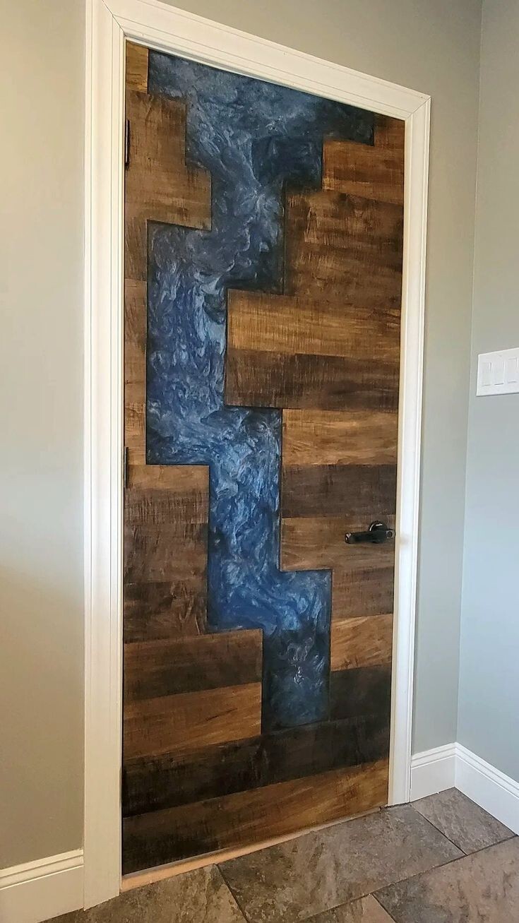 Blue Epoxy Resin Wooden Barn Door, Live Edge Walnut Bedroom Wall Door Decorates