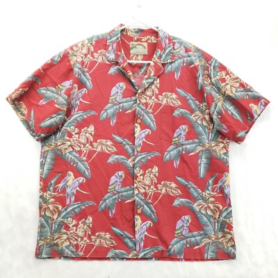 Vintage Paradise Found Shirt Mens XL Red Gray Hawaiian Parrot Short Sleeve