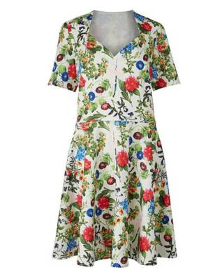 IVORY/PINK FLORAL PRINT SCUBA SWEETHEART SHORT SLEEVE SKATER DRESS FL005