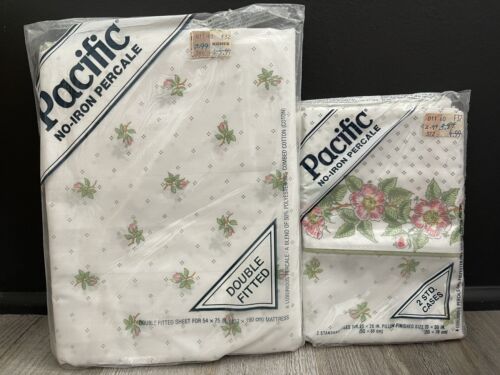 Vintage Pacific Kohl’s No Iron 1 Fitted Double Floral Sheet & 2 Pillowcases NEW! - Picture 1 of 4