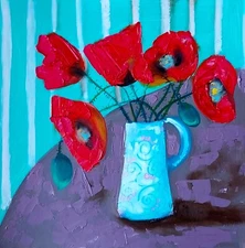 Original Oil Painting Poppies In Vase Wall Art Flowers Still Life 8x8 inches