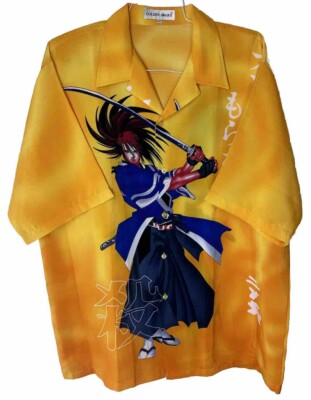 Vintage Y2K Shirt Men Size LARGE Yellow Japanese Anime Manga Samurai Button Down