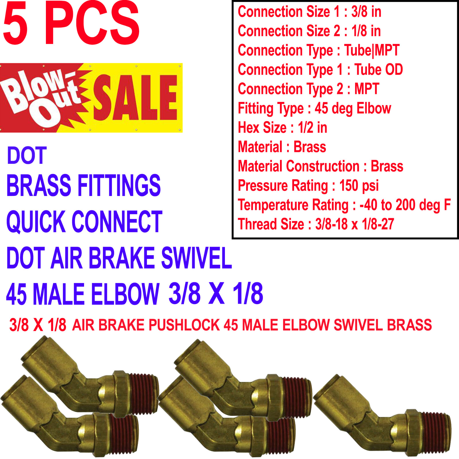 5 pcs BRASS FITTINGS QUICK CONNECT DOT AIR BRAKE SWIVEL 45 MALE ELBOW 3/8 X 1/8