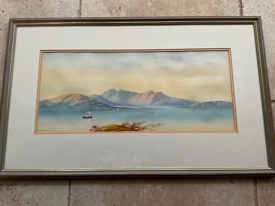 Hervorragendes Original Aquarell Gemälde Berg See Landschaft Szene gerahmt 1 von 2
