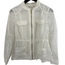 Chico s Eyelet Jacket Womens Size 0 White Zip Front Gold Hardware Pockets