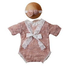 Newborn Girl Lace Romper with Flower Headband Photoshoot Outfits Baby Photo Prop