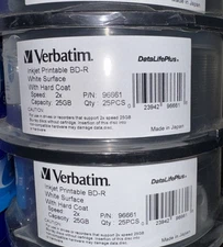 VERBATIM 2X Blu-Ray BD-R  White Inkjet Printable W/ Hard Coat 25pk