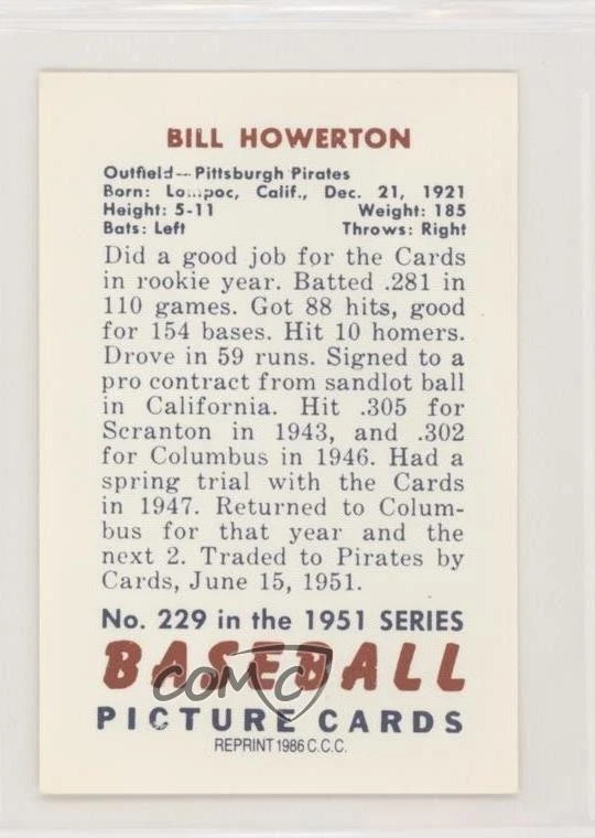 1986 CCC 1951 Bowman Reprints Bill Howerton #229 - Image 2 of 2