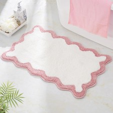 White Bath Mat With Pink Scalloped Edge Microfiber Preppy Rug 30x20 In