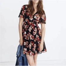 Madewell Tulip-Sleeve Mini Dress in French Rose Size 2 Black Sheer Dark Floral