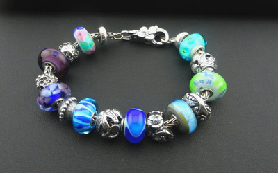 TrollBeads Sterling Fox Tail Blue Glass Ocean Marine Life Flower Clasp Bracelet