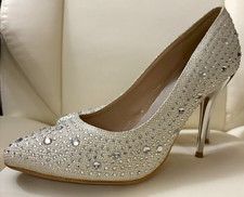 Women  s Silver Rhinestone Pointed Toe Slip-On Pump Heels, Stiletto