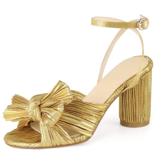 Модные женские босоножки на каблуке с бантом и ремешком с пряжкой на щиколотке на массивном каблуке - Золото