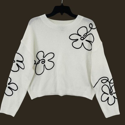 BCX Floral Outline Applique Sweater White Pullover Women's L Artsy Whimsical