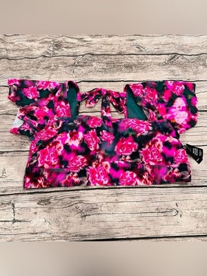 NWT Torrid Wireless Straight Neck Flutter Sleeve Bikini Top Blur Roses Size 3X