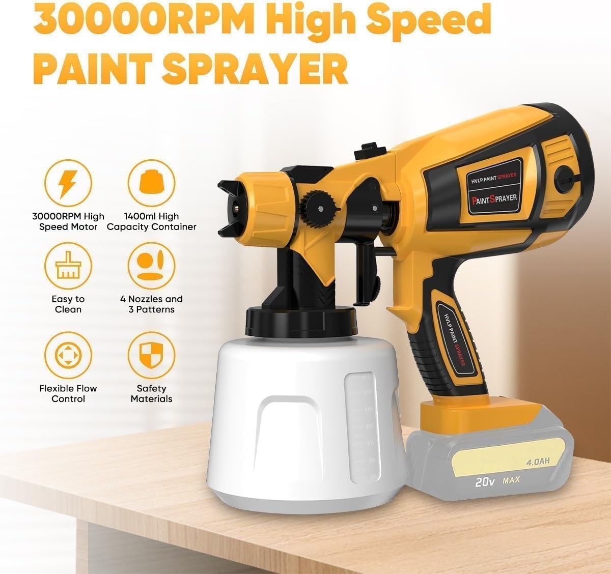 Cordless Paint Sprayer 30000RPM High Speed Electric Spray Gun Yellow 