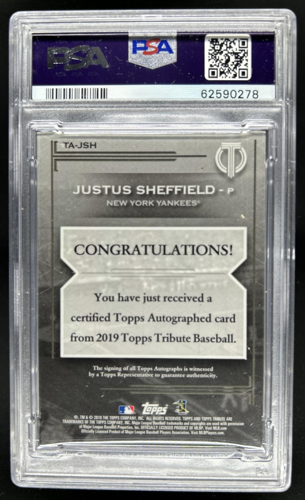 2019 Topps Tribute Justus Sheffield Auto Autograph Rookie RC #/199 Yankees PSA 9 view 2