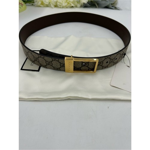 Unisex Gucci Monogram Canvas Belt with Gold engraved Buckle - Beige/Brown 80/32