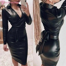 Bodycon Dress Nightclub Sexy Skirt Long Sleeve Leather Stretch Womens V Neck