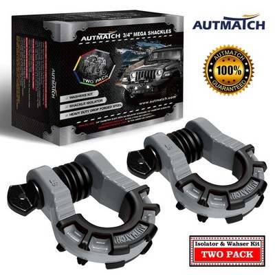 AUTMATCH 3/4'' Mega D Ring Shackle with Isolators for Off Road, Gray & Black