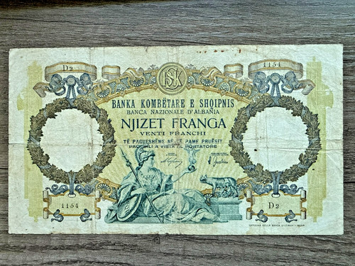 ALBANIA 1926 20 FRANGA BANKNOTE - NJIZET FRANGA - ITALIAN OCCUPATION ISSUE -RARE