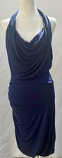 VTG 80’s Halston Heritage Midnight Blue HalterDress Draped Midi S/M Cocktail