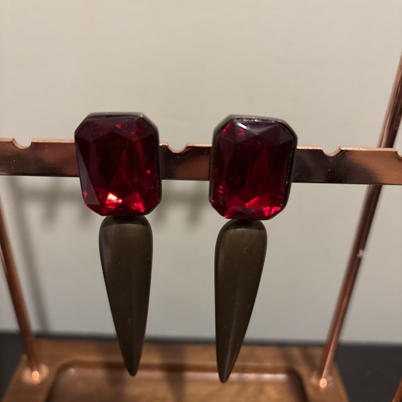 VTG Statement Dangle Clip On Earrings Ruby Red Fa… - image 2