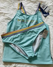 Nautica Girls' Two-piece Swimsuit Set Aqua Blue with Rainbow Striped Straps XL
